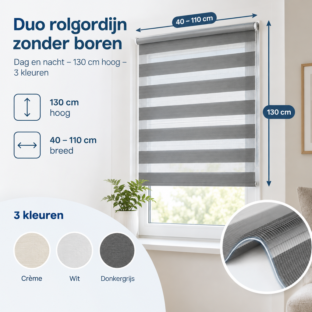 Afmetingen en productspecificaties van duo rolgordijn zonder boren