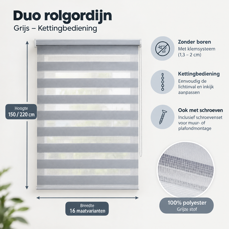Duo rolgordijn van BukkitBow in grijs met kettingbediening, zonder boren, getoond in maatvoering en specificaties.