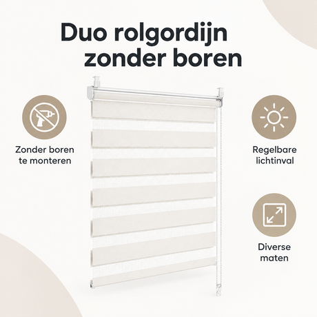 Overzicht van duo rolgordijn zonder boren met de belangrijkste productvoordelen