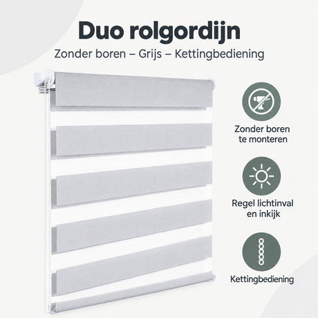 Duo rolgordijn zonder boren in grijs met kettingbediening van BukkitBow, overzicht van kernvoordelen.
