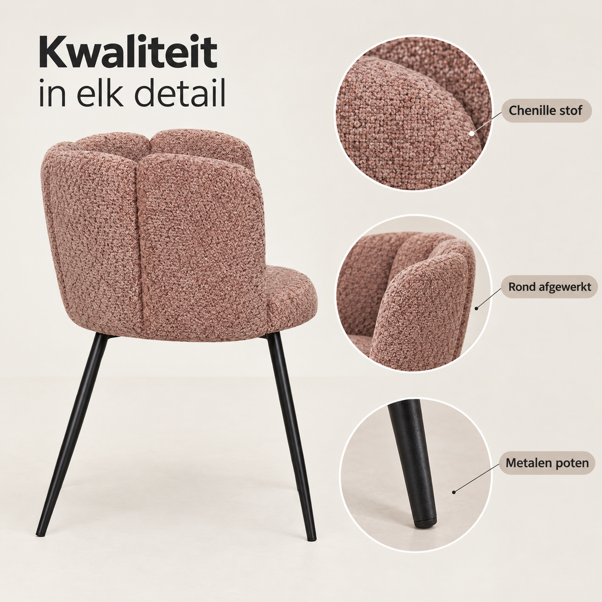 Detail van materiaal en afwerking van eetkamerstoel chenille