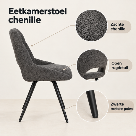 Detail van materiaal en afwerking van eetkamerstoel chenille
