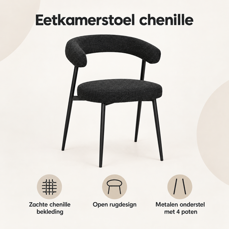 Overzicht van eetkamerstoel chenille met de belangrijkste productvoordelen