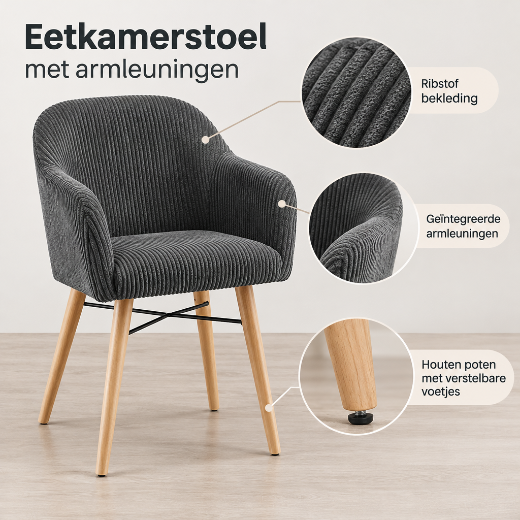 Detail van materiaal en afwerking van eetkamerstoel met armleuningen