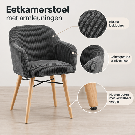 Detail van materiaal en afwerking van eetkamerstoel met armleuningen