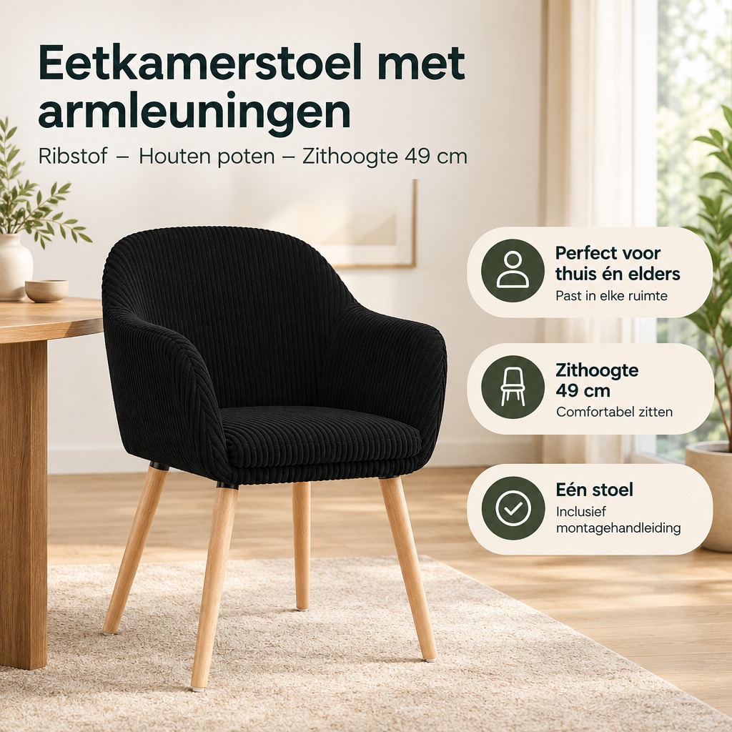 Praktische toepassing en keuzehulp voor eetkamerstoel met armleuningen