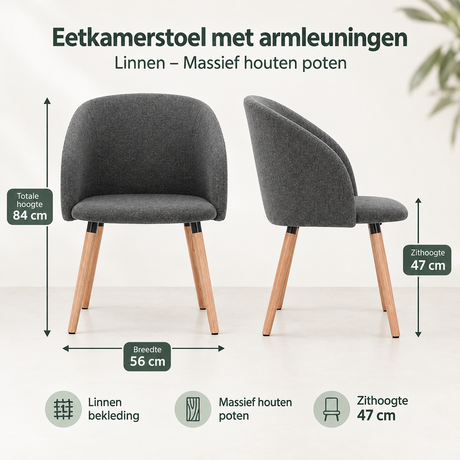 Afmetingen en productspecificaties van eetkamerstoel met armleuningen