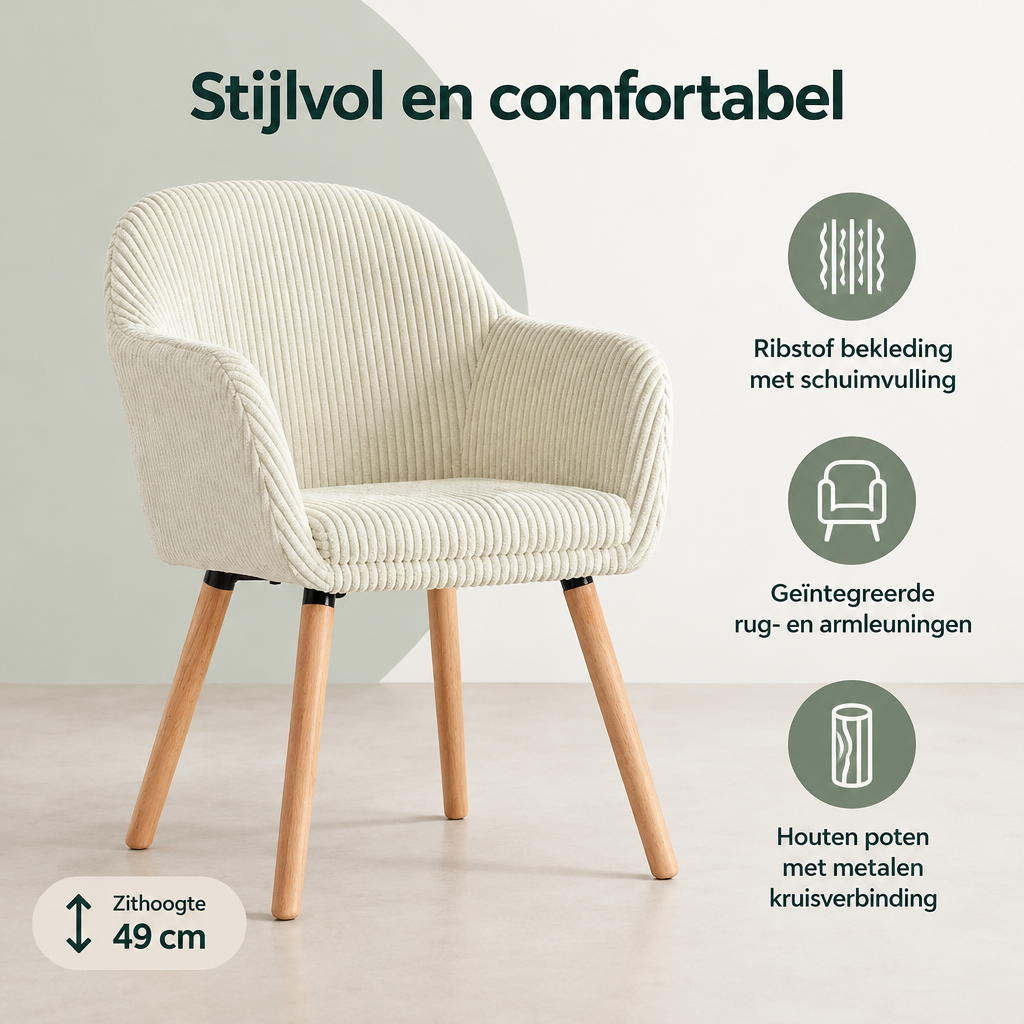 Overzicht van eetkamerstoel met armleuningen met de belangrijkste productvoordelen