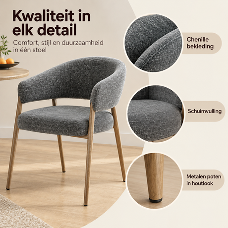 Detail van materiaal en afwerking van eetkamerstoelen chenille set van 2