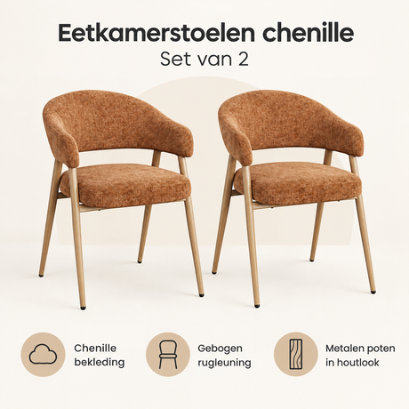 Overzicht van eetkamerstoelen chenille set van 2 met de belangrijkste productvoordelen