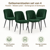 Set van 4 BukkitBow eetkamerstoelen van fluweel met metalen poten in donkergroen of donkergrijs, stijlvolle en comfortabele eettafelstoelen.