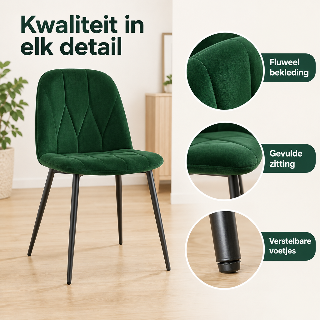 Set van 4 fluwelen eetkamerstoelen met metalen poten in donkergroen of donkergrijs, stijlvolle en comfortabele zitplaatsen.