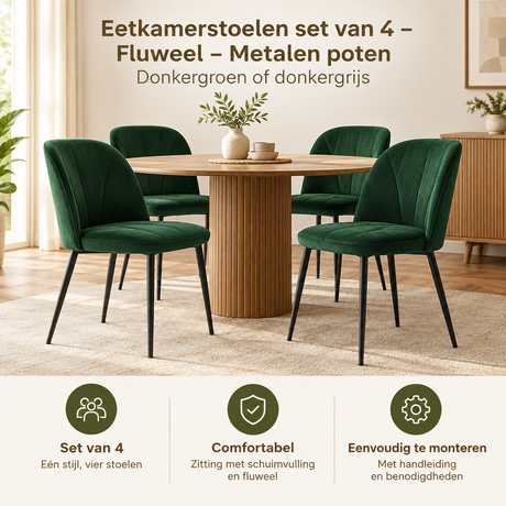 Vier fluwelen eetkamerstoelen met metalen poten in donkergroen of donkergrijs, geschikt voor moderne eethoeken.