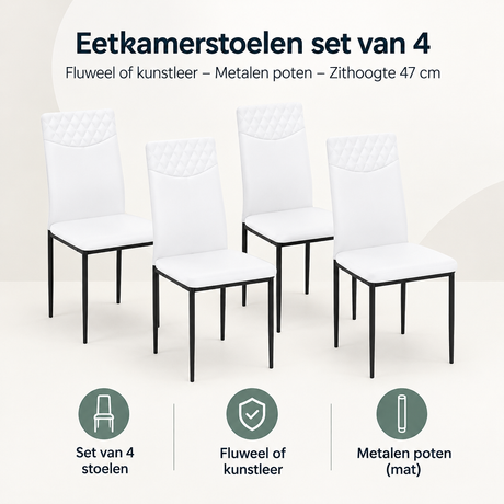 Overzicht van eetkamerstoelen set van 4 met de belangrijkste productvoordelen