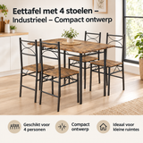 Industriele eettafel met 4 bijpassende stoelen in compact ontwerp, van BukkitBow, geschikt voor gezellige eetkamers.