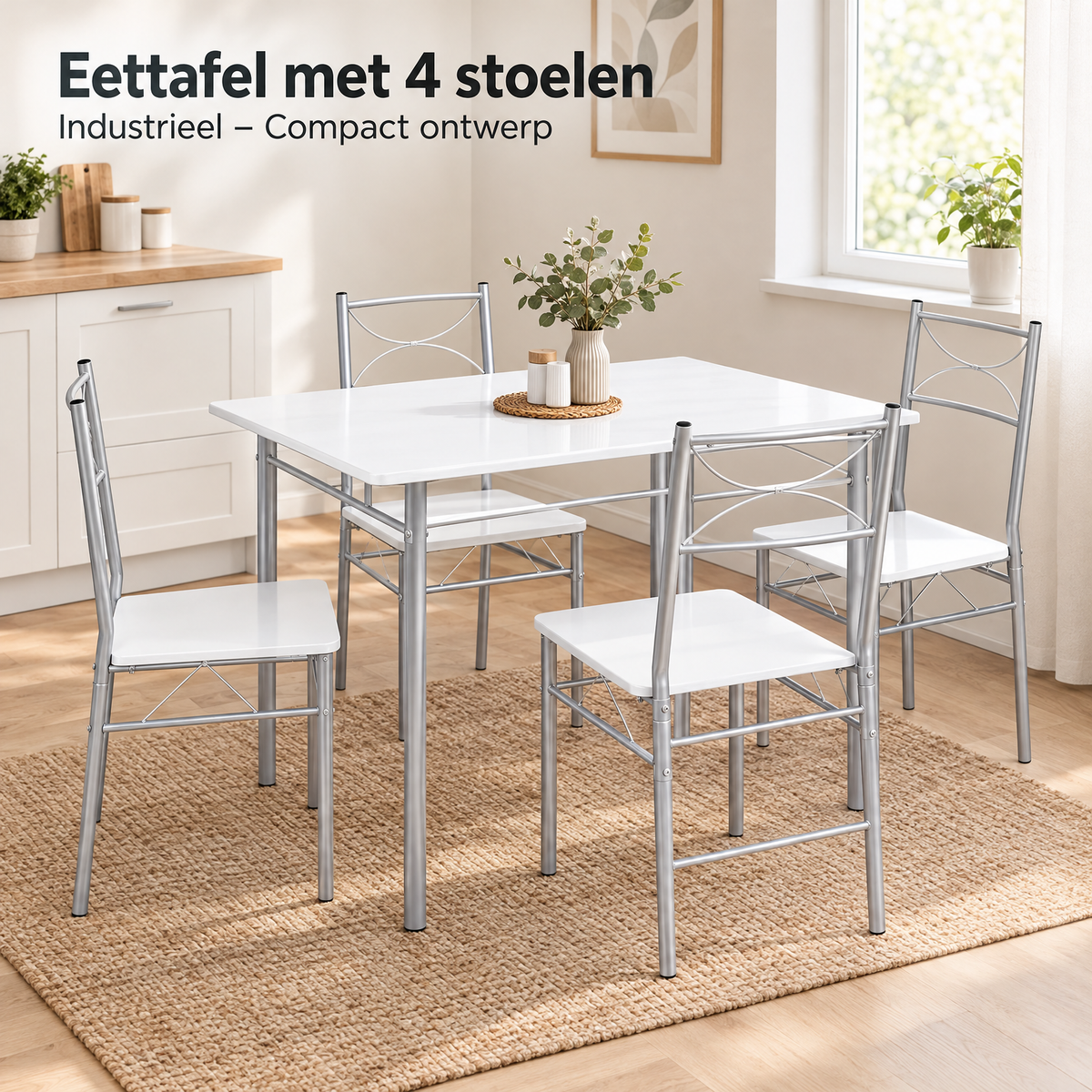 Industriele eettafel met 4 stoelen van BukkitBow, compact ontwerp geschikt voor moderne eetkamers.