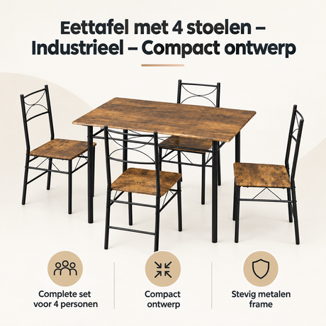 Industriele eettafel met 4 stoelen van BukkitBow, compact ontwerp, ideaal voor moderne eetkamers.