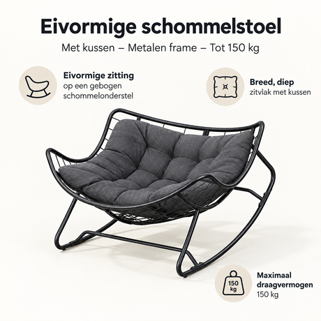 Eivormige schommelstoel van BukkitBow met metalen frame en kussen, geschikt tot 150 kg, comfortabel zitmeubel voor binnen en buiten
