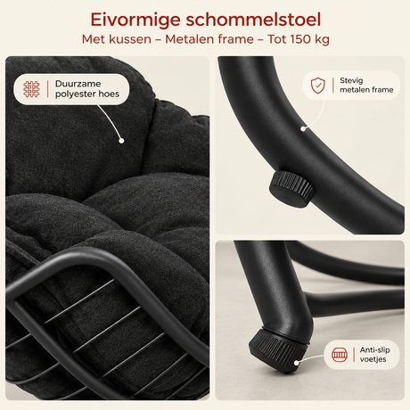 Eivormige schommelstoel van BukkitBow met kussen en metalen frame, belastbaar tot 150 kg, comfortabel en stevig.