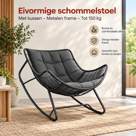 Eivormige schommelstoel van BukkitBow met kussen en metalen frame, geschikt tot 150 kg, comfortabel en stevig zitmeubel