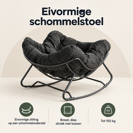 Eivormige schommelstoel van BukkitBow met kussen en metalen frame, geschikt tot 150 kg, comfortabel en stijlvol voor binnen en buiten