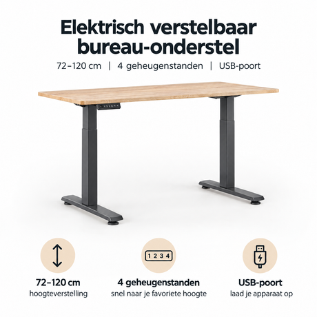 Elektrisch verstelbaar bureau-onderstel van BukkitBow, 72-120 cm, 4 geheugenstanden en USB-poort, zichtbaar in het ontwerp.