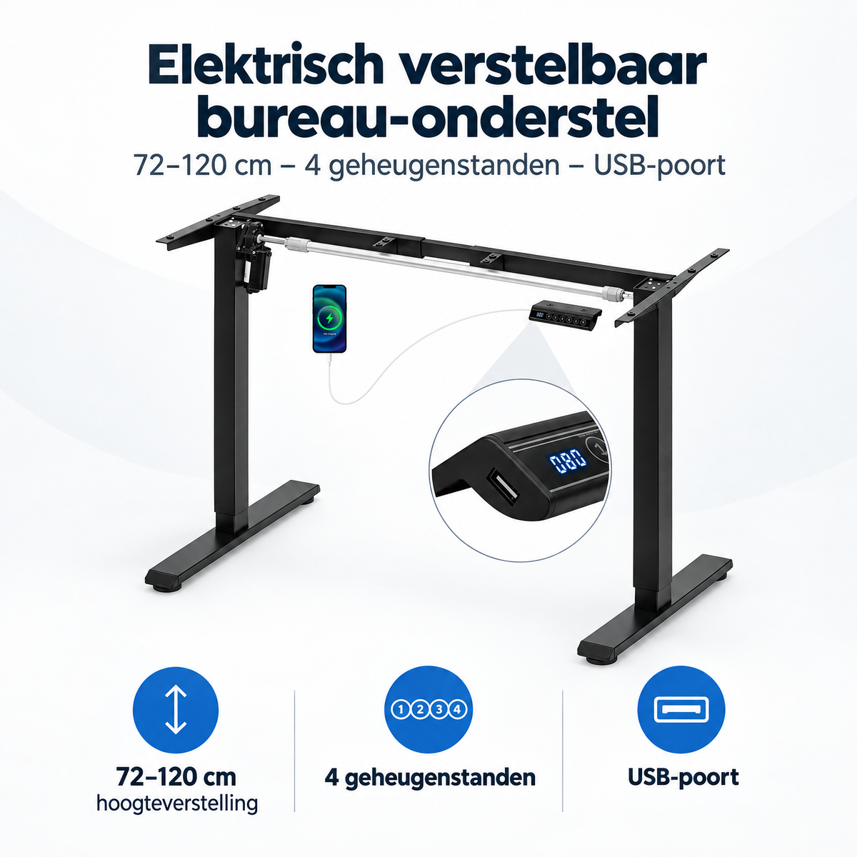 Elektrisch verstelbaar bureau-onderstel van BukkitBow, 72-120 cm, met 4 geheugenstanden en USB-poort, overzicht van kernvoordelen
