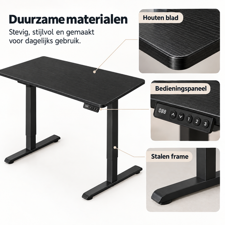 Detail van materiaal en afwerking van elektrisch zit-sta bureau