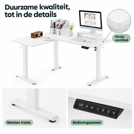 Detail van materiaal en afwerking van elektrisch zit-sta hoekbureau