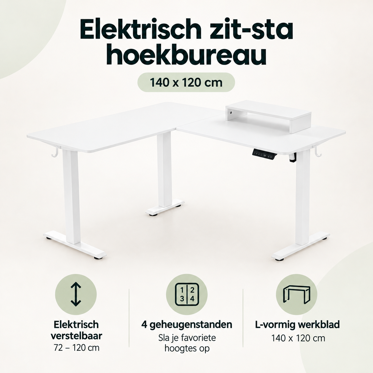 Overzicht van elektrisch zit-sta hoekbureau met de belangrijkste productvoordelen