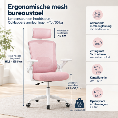 Afmetingen en productspecificaties van ergonomische mesh bureaustoel