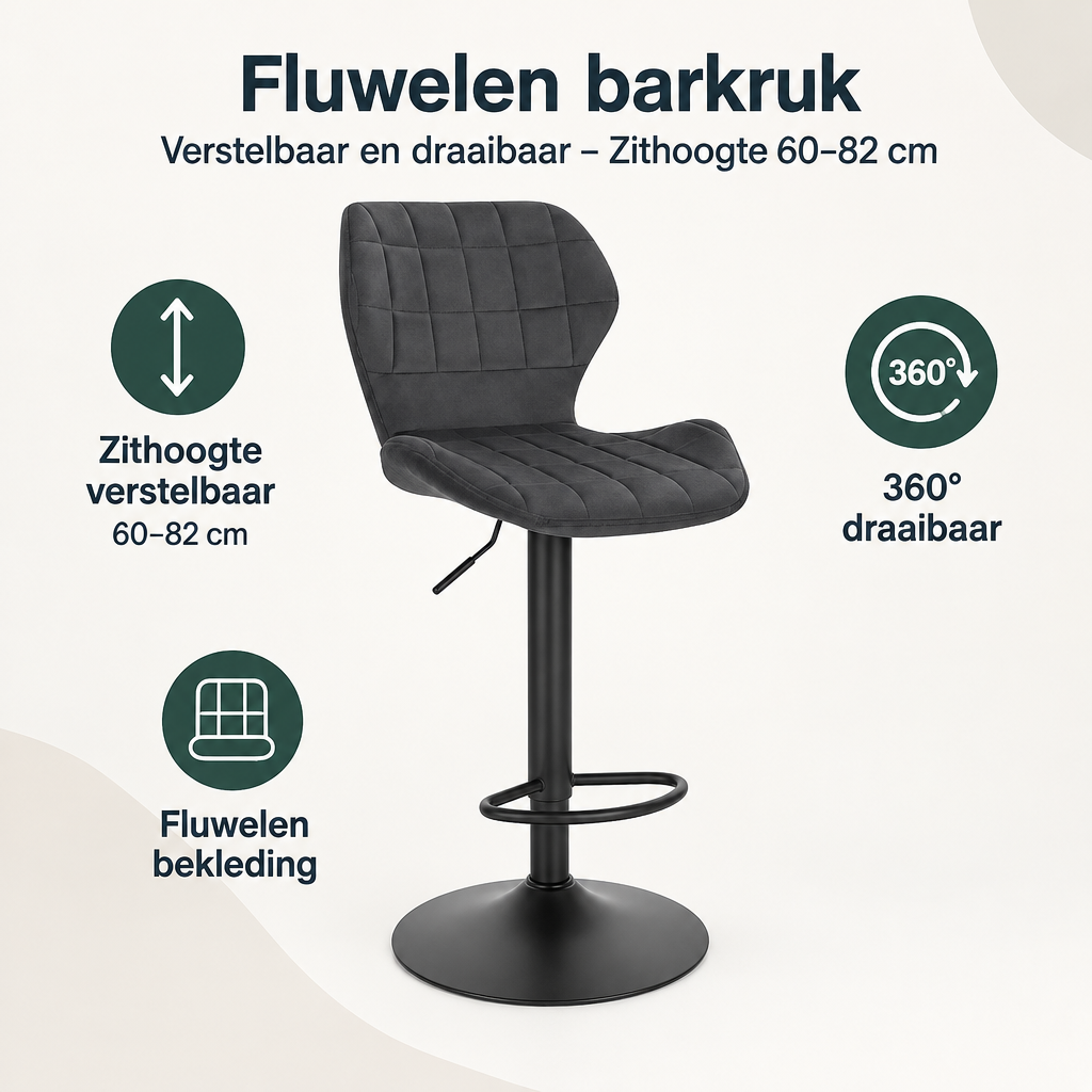 Overzicht van fluwelen barkruk met de belangrijkste productvoordelen