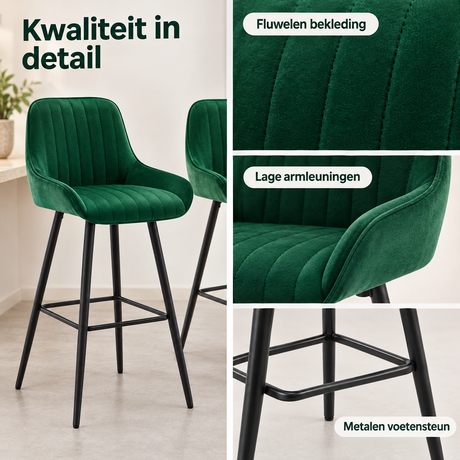 Detail van materiaal en afwerking van fluwelen barkrukken set van 2