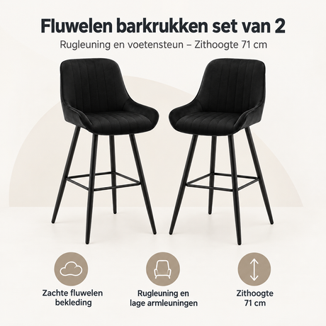 Overzicht van fluwelen barkrukken set van 2 met de belangrijkste productvoordelen