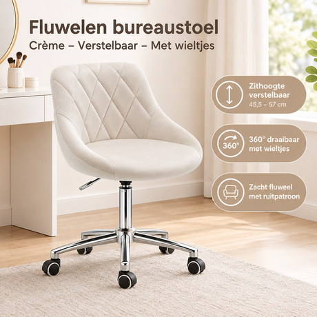 Fluwelen bureaustoel in crème van BukkitBow, verstelbaar met wieltjes voor comfortabel werken en modern interieur.