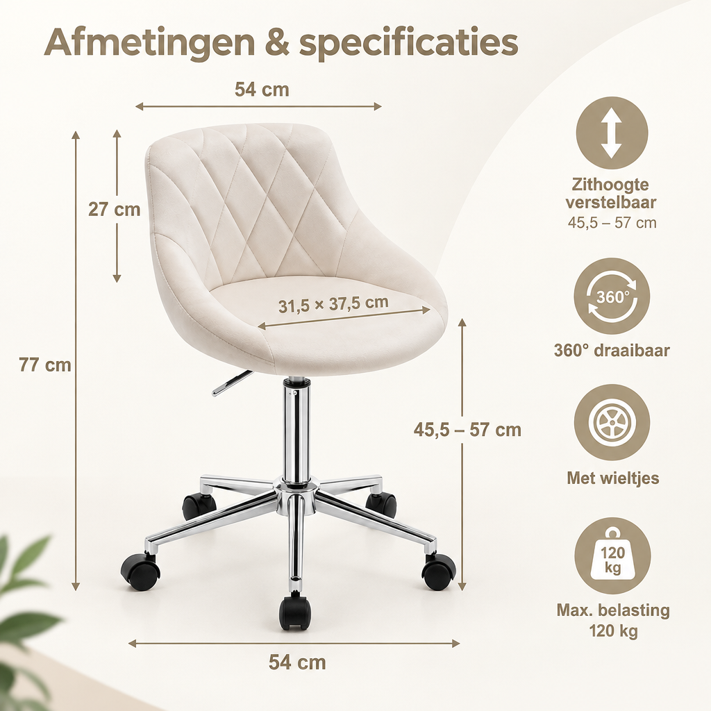 Afmetingen en productspecificaties van fluwelen bureaustoel