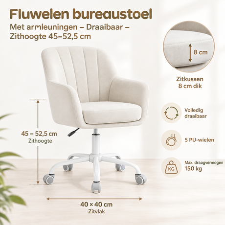 Afmetingen en productspecificaties van fluwelen bureaustoel
