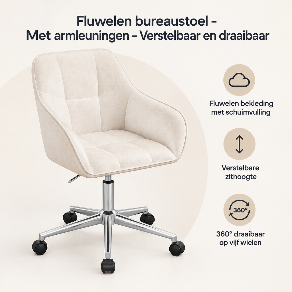 Overzicht van fluwelen bureaustoel met de belangrijkste productvoordelen