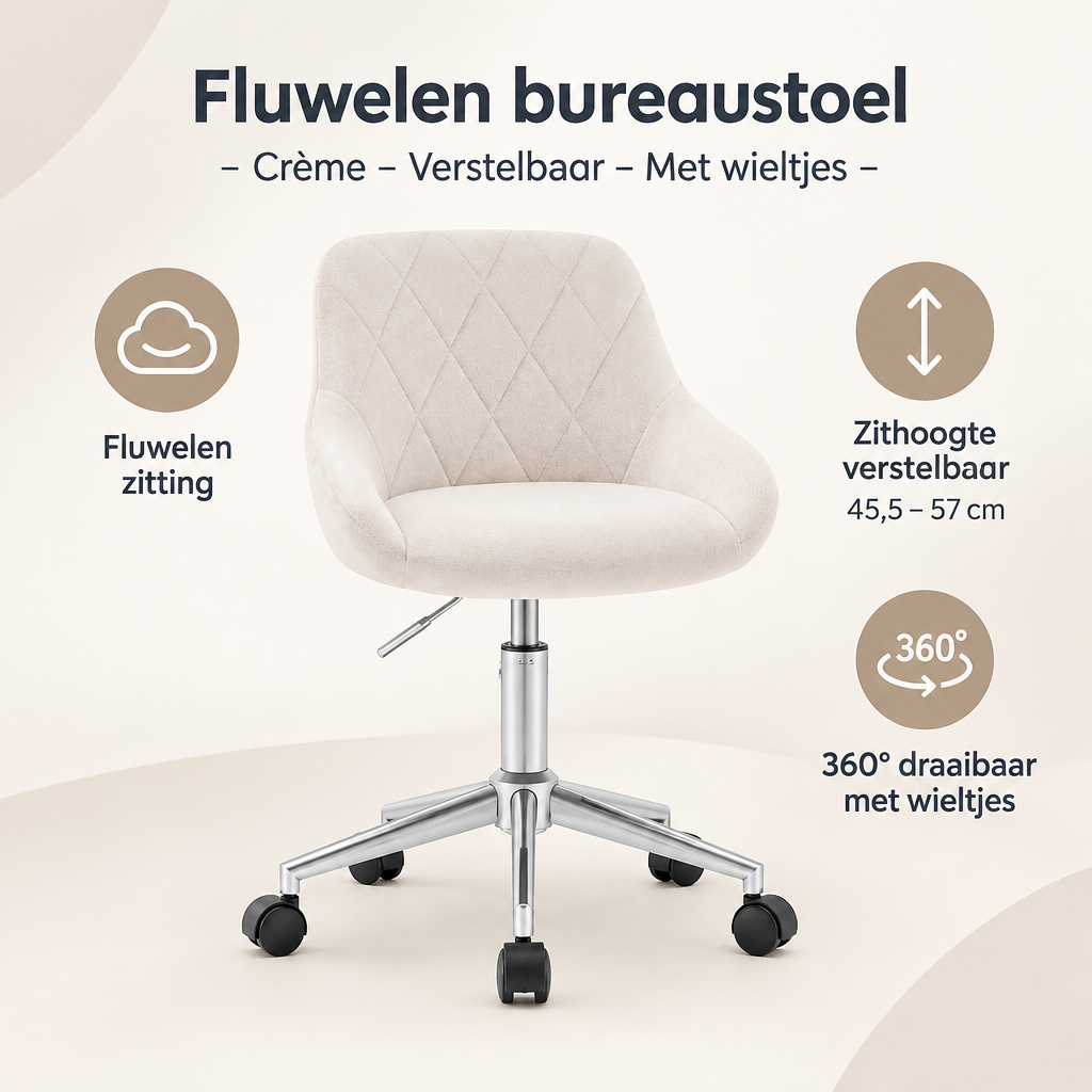 Overzicht van fluwelen bureaustoel met de belangrijkste productvoordelen