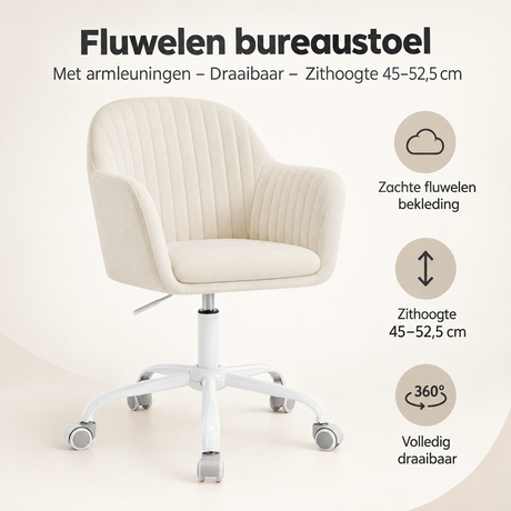 Overzicht van fluwelen bureaustoel met de belangrijkste productvoordelen