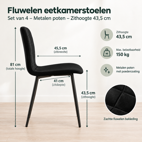 Afmetingen en productspecificaties van fluwelen eetkamerstoelen set van 4