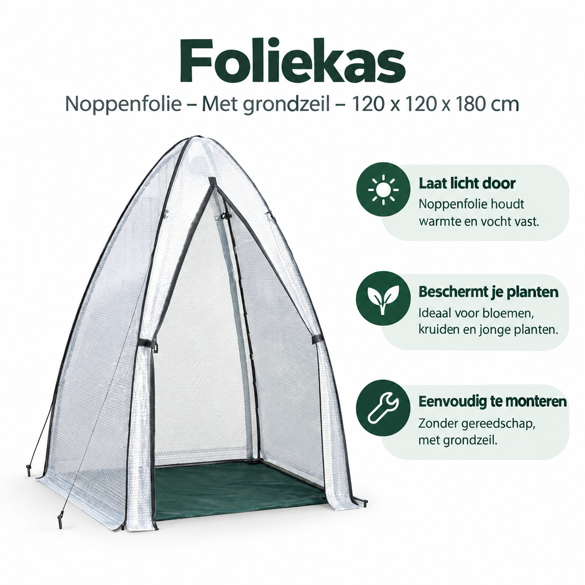 BukkitBow foliekas met noppenfolie en grondzeil, afmetingen 120x120x180 cm, geschikt voor tuinplanten en kweek.