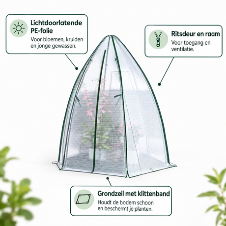 BukkitBow foliekas met grondzeil, ritsdeur en raam, 160x160x180 cm, geschikt voor tuin of kas.