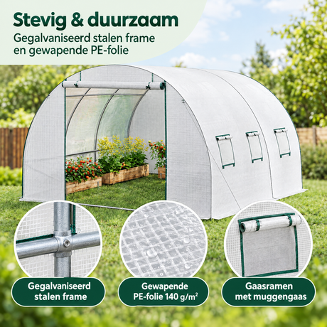 Detail van materiaal en afwerking van foliekas