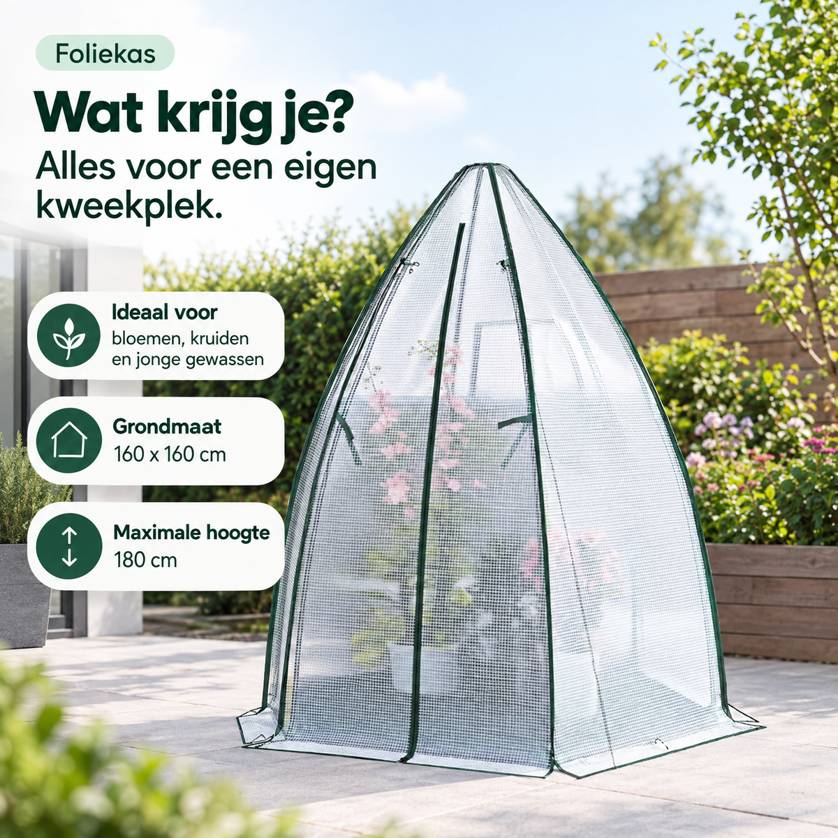 BukkitBow foliekas met grondzeil, 160x160x180 cm, ritsdeur en raam voor tuinieren en plantverzorging.
