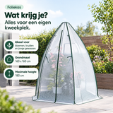 BukkitBow foliekas met grondzeil, 160x160x180 cm, ritsdeur en raam voor tuinieren en plantverzorging.