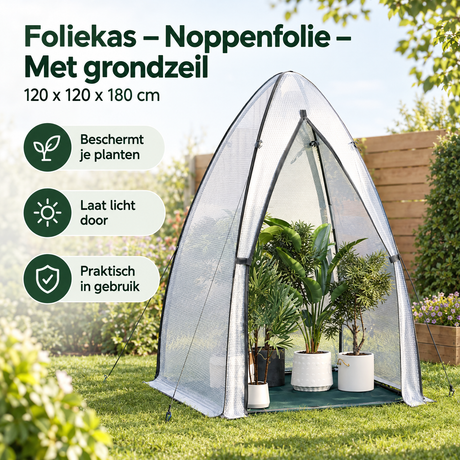 BukkitBow foliekas met grondzeil, 120x120x180 cm, gebruikt voor tuinieren en plantenkweek, met noppenfolie voor isolatie
