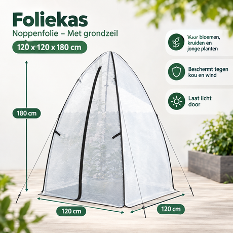 Foliekas van BukkitBow met grondzeil, afmetingen 120x120x180 cm, gemaakt van stevige noppenfolie voor tuingebruik