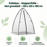 Foliekas van BukkitBow met grondzeil, 120x120x180 cm, overzicht van kernvoordelen en duurzame noppenfolie voor tuingebruik.