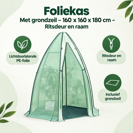 BukkitBow foliekas met grondzeil, ritsdeur en raam, afmetingen 160x160x180 cm, ideaal voor tuinplanten en kweek.